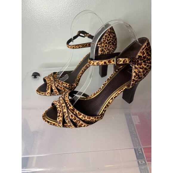 J Vincent Leopard Heeled Sandals Size 10.5 Leather Buckle Strap Peep Toe Party - Picture 4 of 12